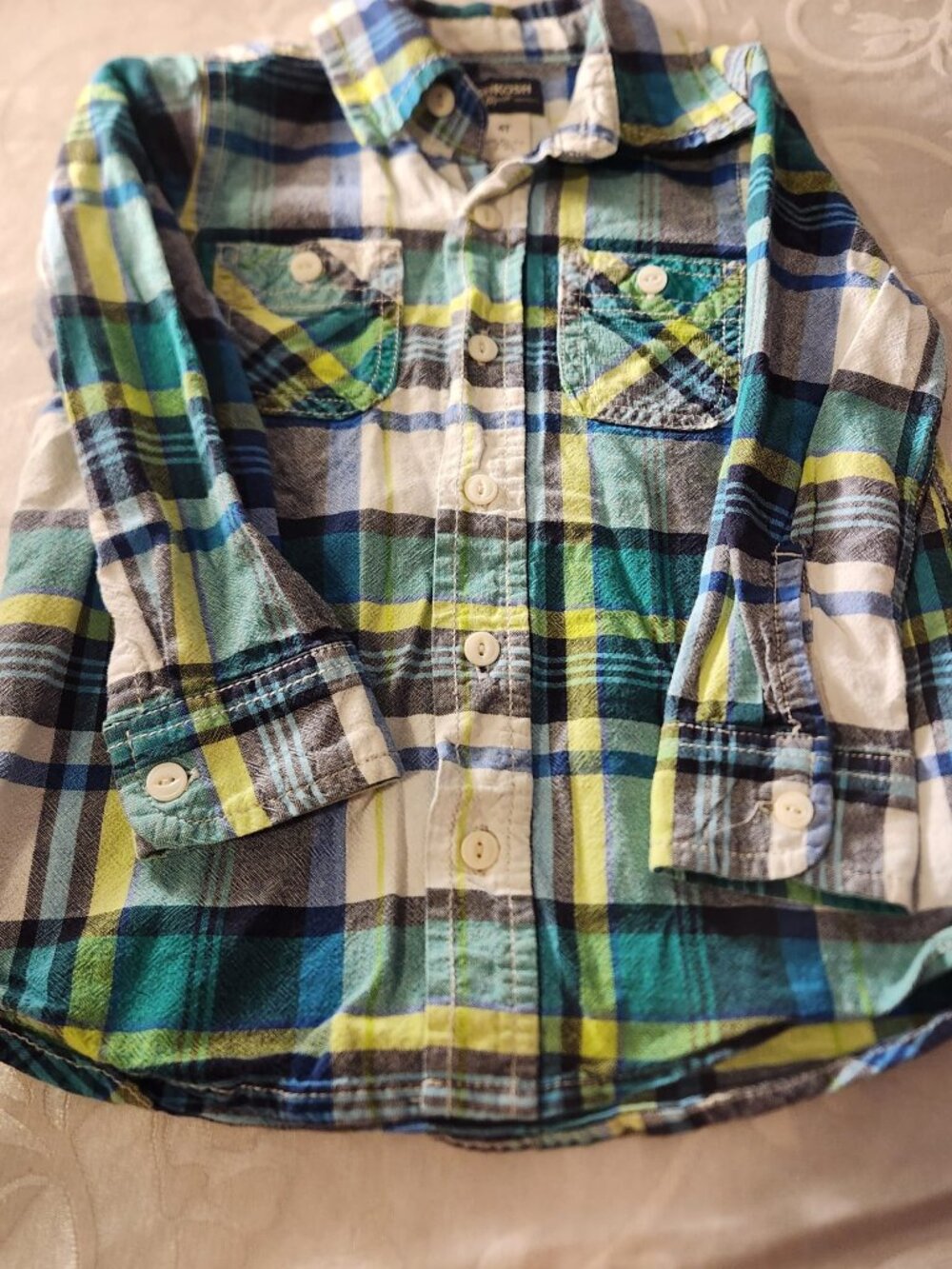 OshKosh B’gosh Boys Plaid Shirt Size 4 Green Blue Long Sleeve Cotton Button Up